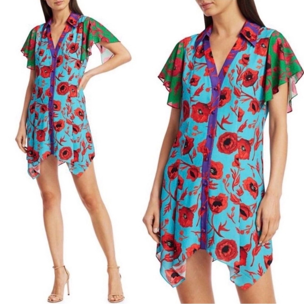 ALICE + OLIVIA Dress Poppy Garden Bluebird Conner Floral Mini Shirtdress